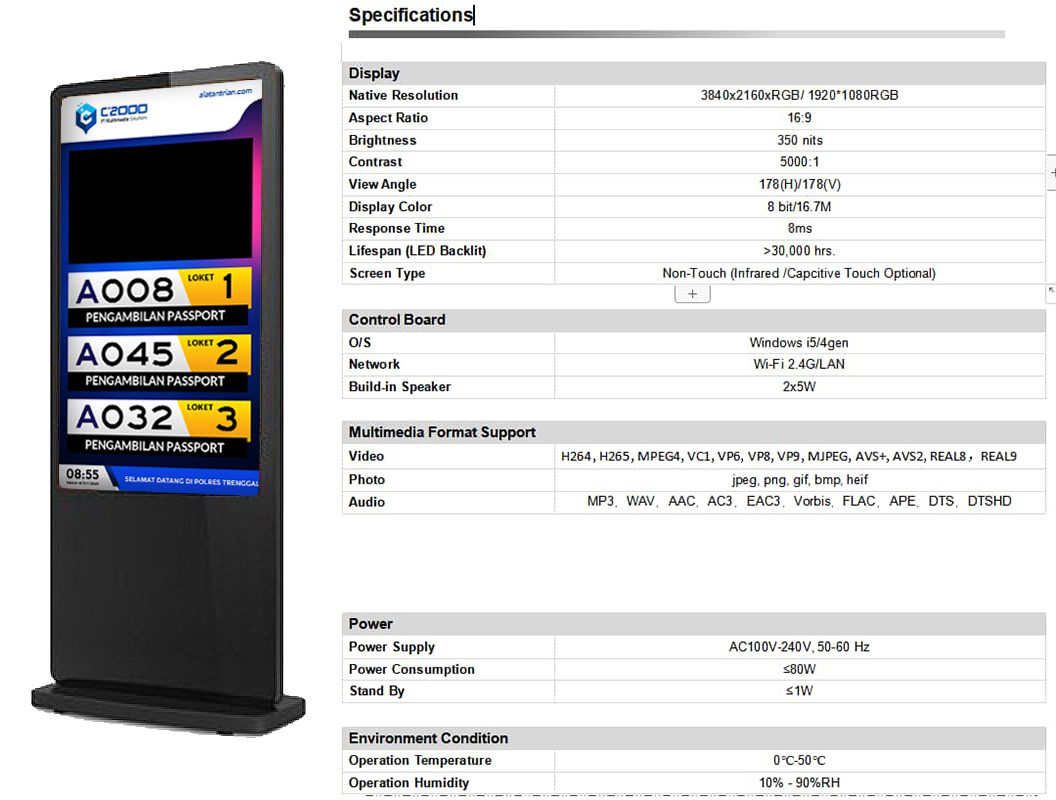 Perangkat Hardware Standing Digital Signage C2000 Real