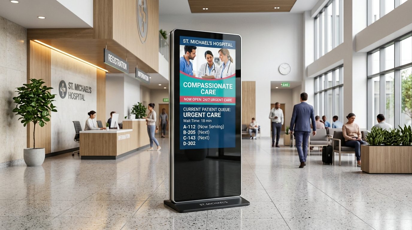 Standing Digital Signage Kiosk 55 Inci C2000 di Lobi Rumah Sakit
