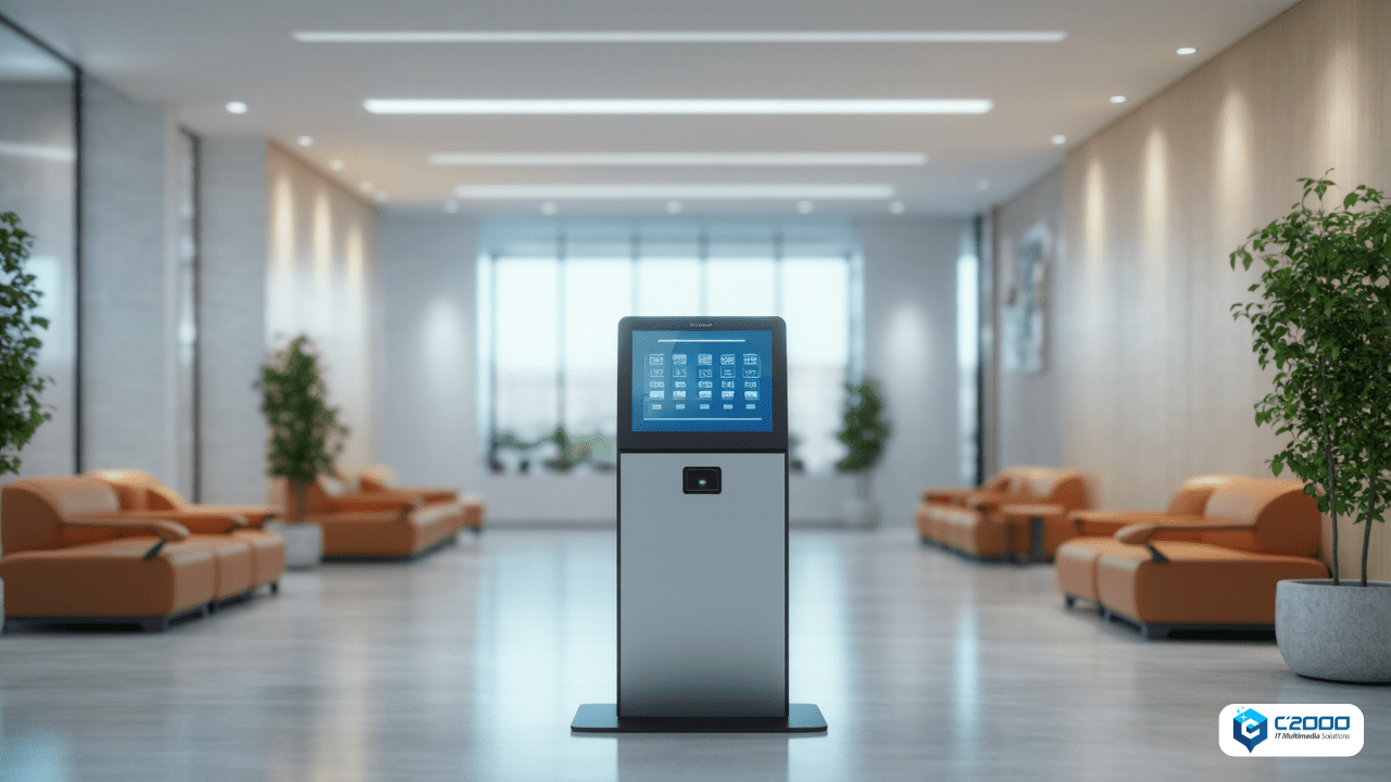 Thumbnail ilustrasi sistem antrian online di rumah sakit dan bank menggunakan layar digital