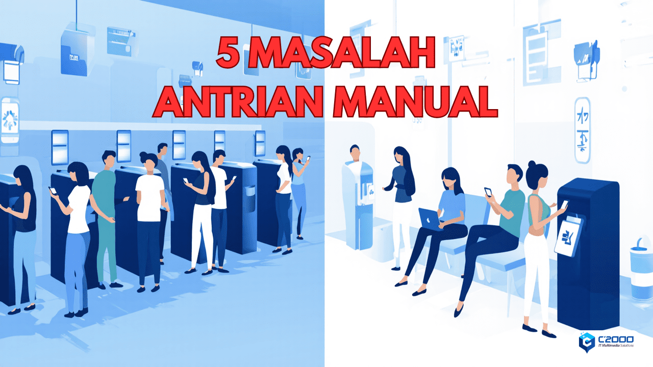Ilustrasi perbandingan antara sistem antrian manual yang kacau dengan sistem antrian online yang modern dan teratur, menunjukkan transformasi layanan publik.
