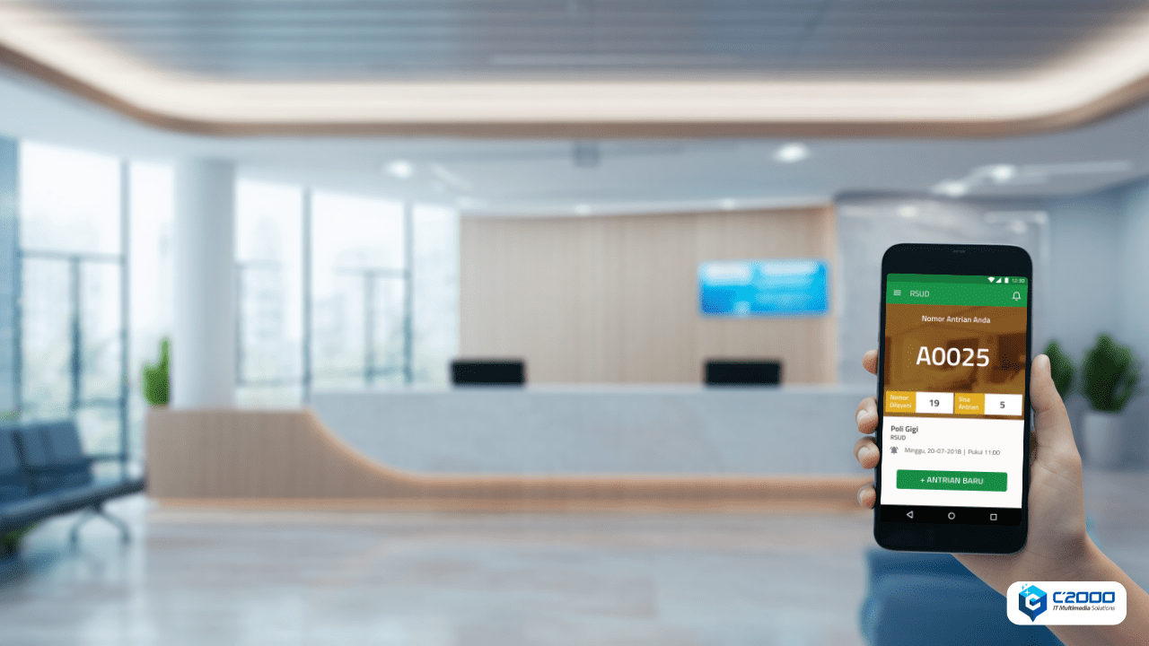 Ilustrasi sistem antrian online di rumah sakit, pasien melihat nomor antrian digital melalui smartphone di depan meja resepsionis