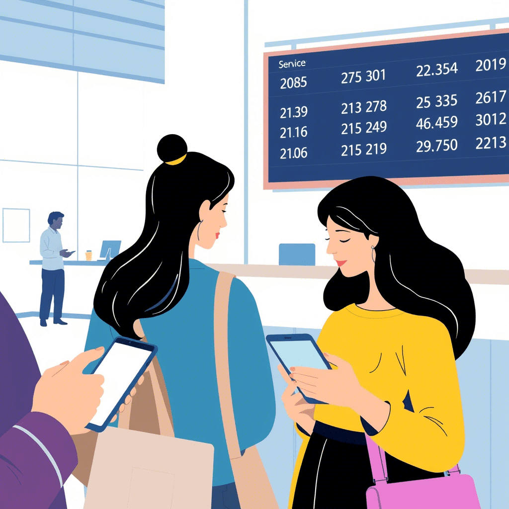 Orang mengambil nomor antrian digital melalui smartphone di depan meja pelayanan modern dengan layar tampilan antrian.